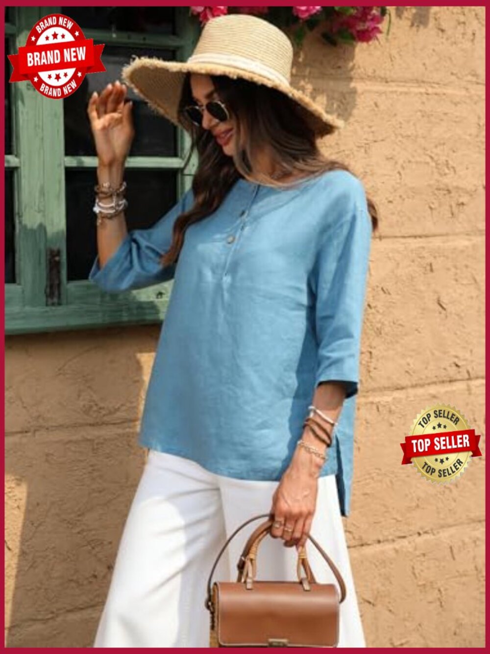 100% Linen 3/4 Sleeve Henley Neck Tunic Top - Picture 3 of 7